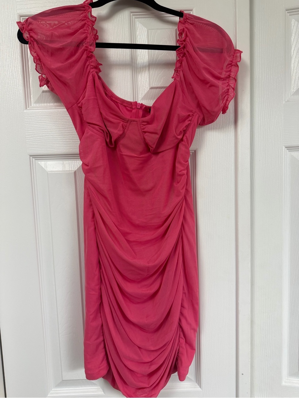 Pink Ruched Puff-Sleeve Women's Dress
